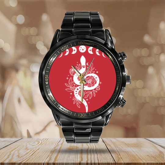 Discover Celestial Snake, Mystical Lunar Snake, Celestial Mystical Floral Moon Snake Calendar Steel Band Watch