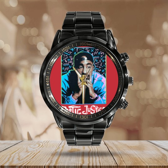 Discover Tupac Shakur Poetic Justice Black Calendar Steel Band Watch - NWT
