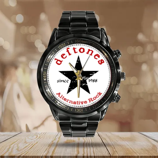 Discover Deftone logo star white pony rock band Men's Unisex Calendar Steel Band Watch