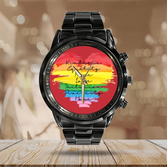 Discover Kindness Equality Peace Love Inclusion Diversity Hope Calendar Steel Band Watch, LGBT Rainbow Calendar Steel Band Watch