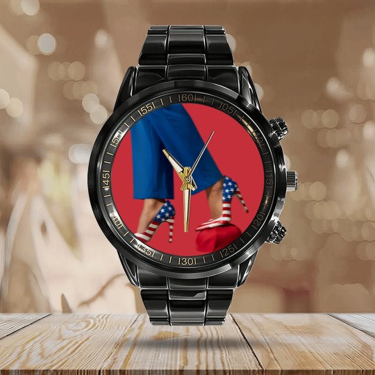 Discover Kamala Harris Calendar Steel Band Watch, Kamala Harris With High Heels Stepping On Red Hat