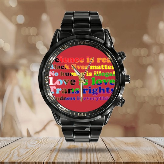 Discover Progress Pride Flag Science is real Black lives matter Love is love Calendar Steel Band Watch
