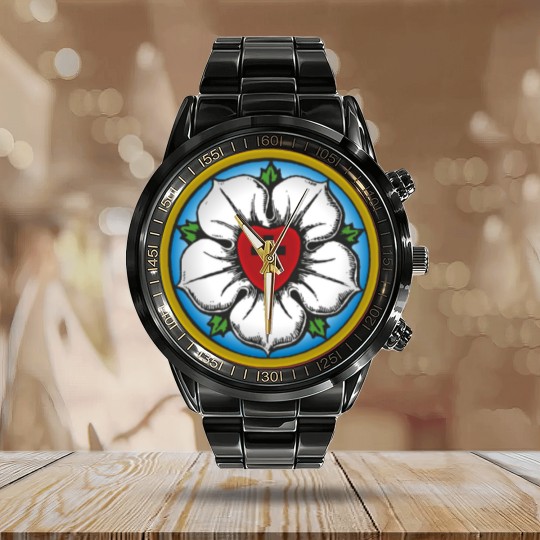 Discover Lutheran Rose Calendar Steel Band Watch
