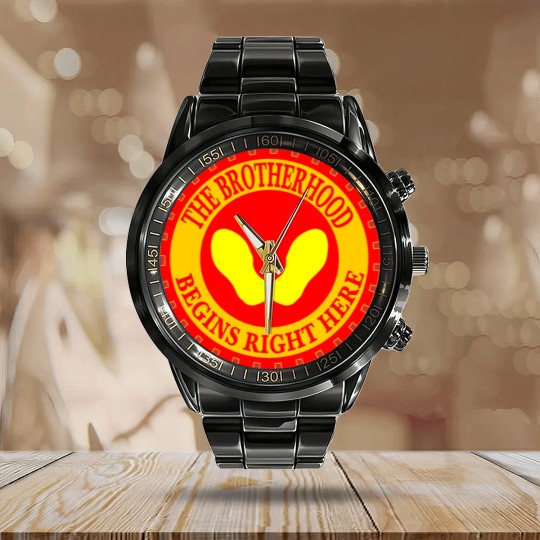 Discover The Brotherhood Begins Right Here Yellow Footprint Calendar Steel Band Watch