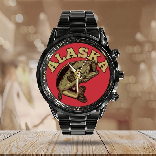 Discover Alaska USA State Travel Souvenir Funny Fishing Calendar Steel Band Watch