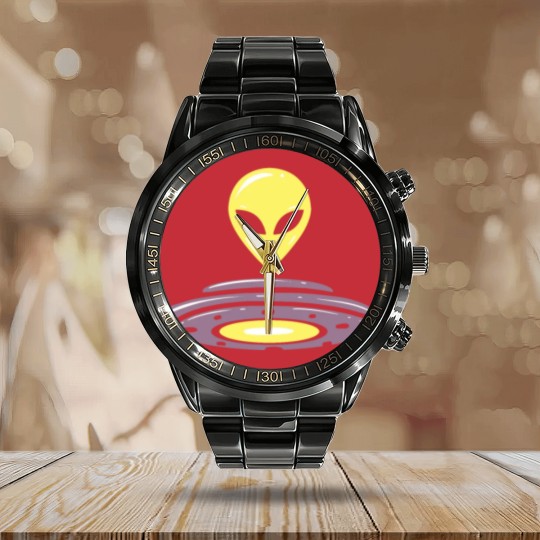 Discover Alien UFO motif alien head saucer design Calendar Steel Band Watch