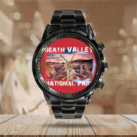 Discover Death Valley National Park Calendar Steel Band Watch with Sunset Scene
