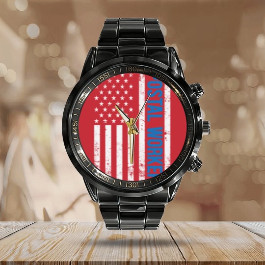 Discover American Postal Worker USA Flag 4th of July Calendar Steel Band Watch