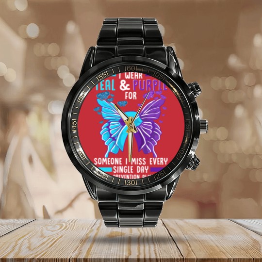 Discover Teal And Purple Ribbon Suicide Prevention Awarenes Calendar Steel Band Watch