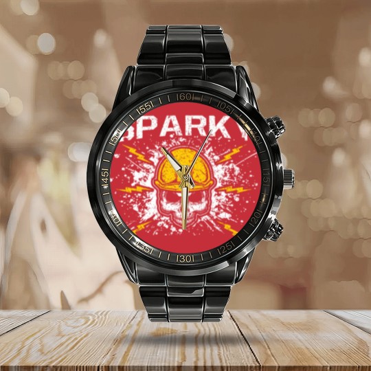 Discover Sparky Grounded Voltage Electrician Lineman Skull Calendar Steel Band Watch