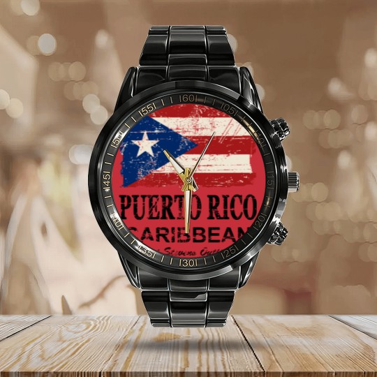 Discover Puerto Rico Flag - Vintage Look Calendar Steel Band Watch
