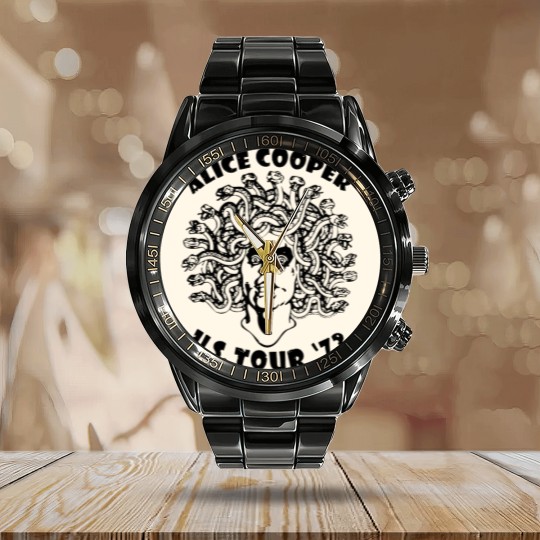 Discover Alice Cooper Men's Calendar Steel Band Watch, Medusa USA Tour 1973 Cover White Graphic Calendar Steel Band Watch