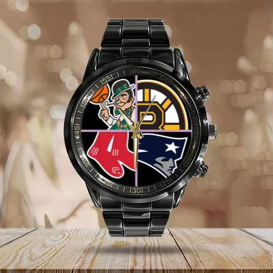 Discover Boston Sports Quad Cap Calendar Steel Band Watch