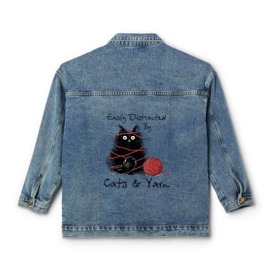 Discover Easily Distracted By Cats And Yarn Knitting Lovers Classic Women's Denim Jackets