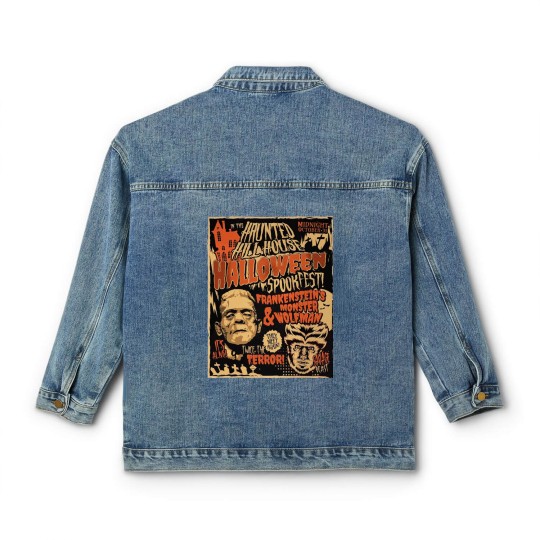 Discover Frankenstein and Wolfman Vintage Retro Halloween , 80's Horror Classic Women's Denim Jackets