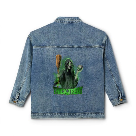 Discover Scary evil Witch with Skull and Broom Halloween Classic Women's Denim Jackets