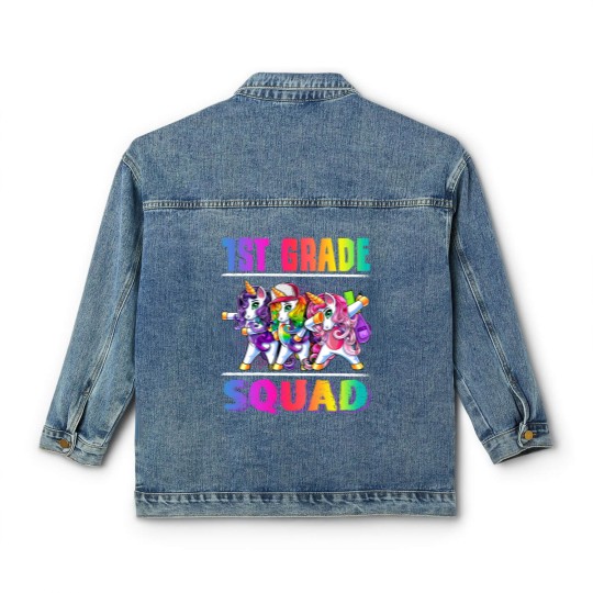 Discover 1st Grade Squad Dabbing Unicorn Back to School Backpack Girl Classic Women's Denim Jackets