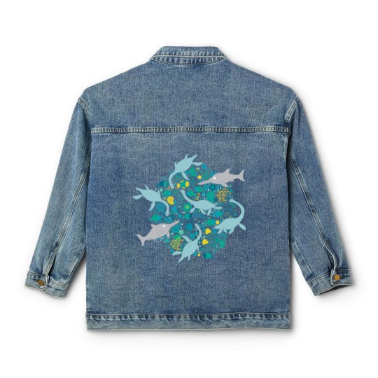 Discover Swimming with Plesiosaurs - cute prehistoric animal design - Swimming - Classic Women's Denim Jackets