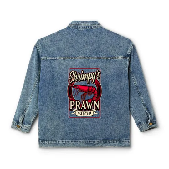 Discover Shrimpy's Prawn Shop Logo. Pawn Shop Prawn Pun Classic Women's Denim Jackets
