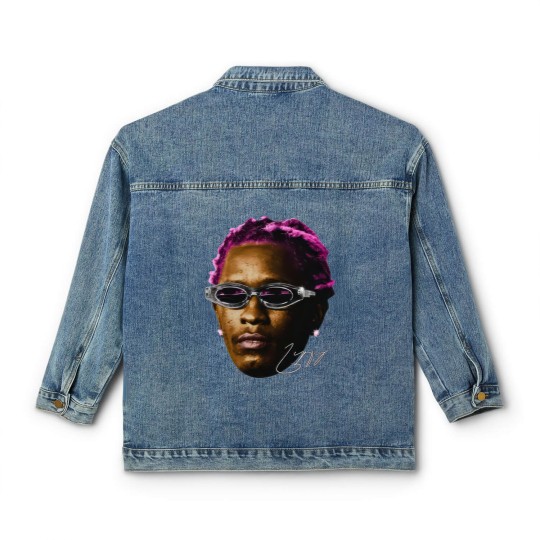 Discover YOUNG THUG Classic Women's Denim Jackets | White Pink Rare Hip Hop Graphic Print