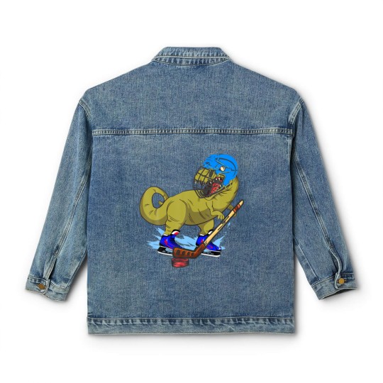 Discover Ice Hockey Dino Hockey Dinosaur Play Ice Hockey Re Classic Women's Denim Jackets