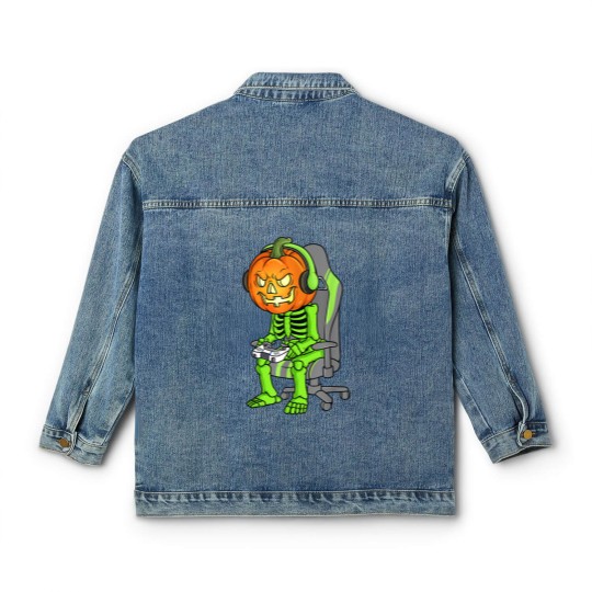 Discover Gaming Halloween Skeleton Jack O Lantern Gamer Boy Classic Women's Denim Jackets