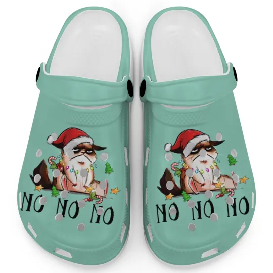 Discover Ugly Christmas Cat Wearing Xmas Hat Say "No No No" Clogs