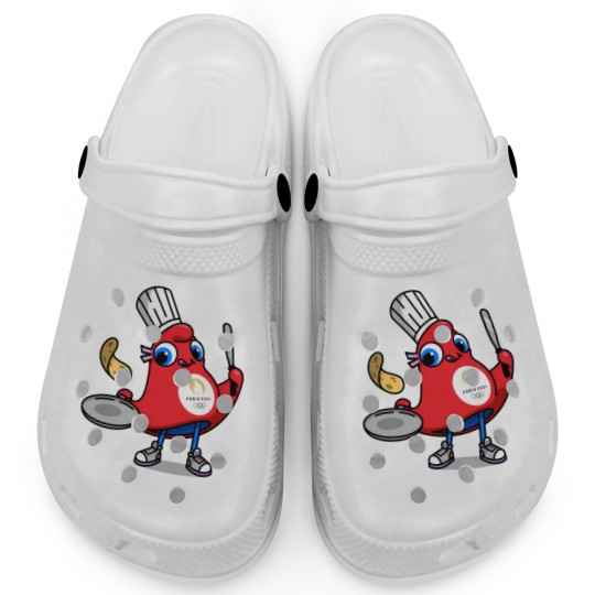 Discover Paris 2024 Phryges - Cartoon chef in red apron with food Clogs