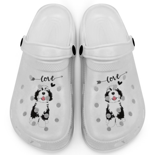 Discover LOVE Black and White Bernedoodle Clogs