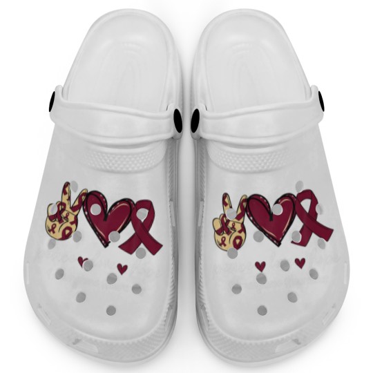 Discover Peace Love Cure Hemangioma Burgundy Ribbon Awarene Clogs