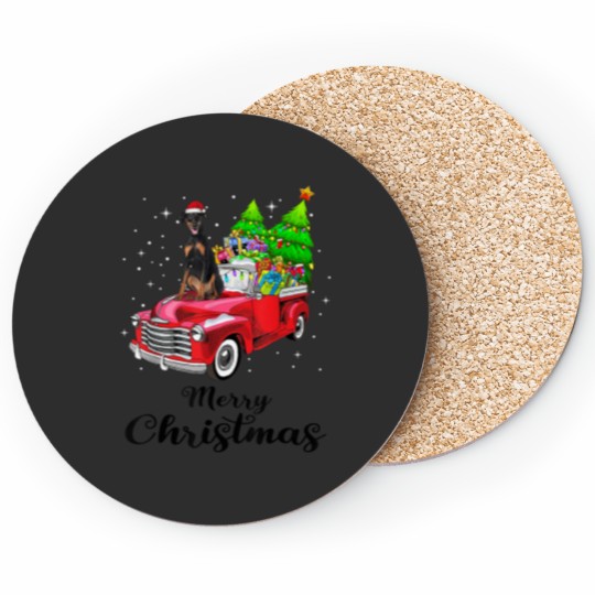 Discover Doberman Pinscher Ride Red Truck Christmas Pajama Coasters