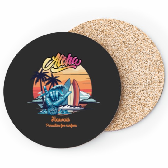Discover Aloha, Hawaii, paradise for surfers,cool graphic with hawaiian "shaka" gesture Coasters
