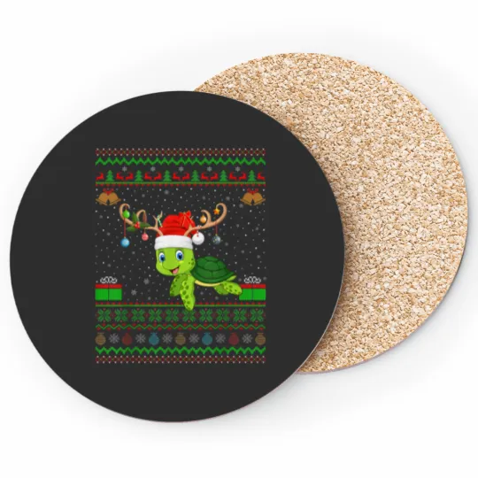 Discover Reindeer Santa Hat Matching Ugly Sea Turtle Christmas Coasters