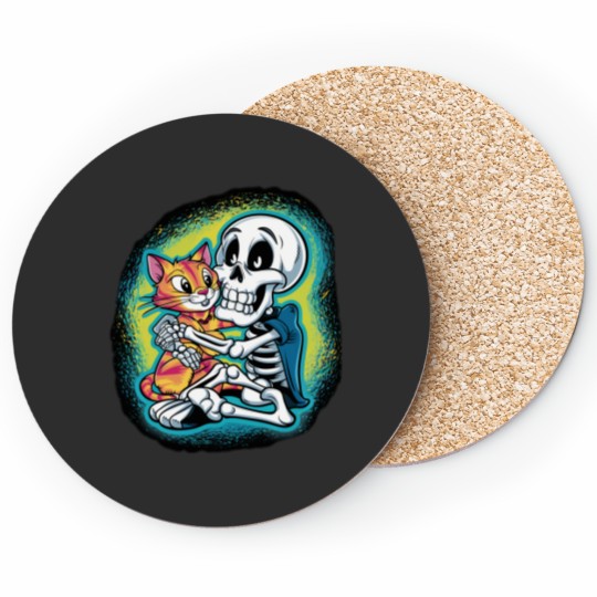 Discover HALLUAN-skeleton hugging cat hoddie design digital art Coasters