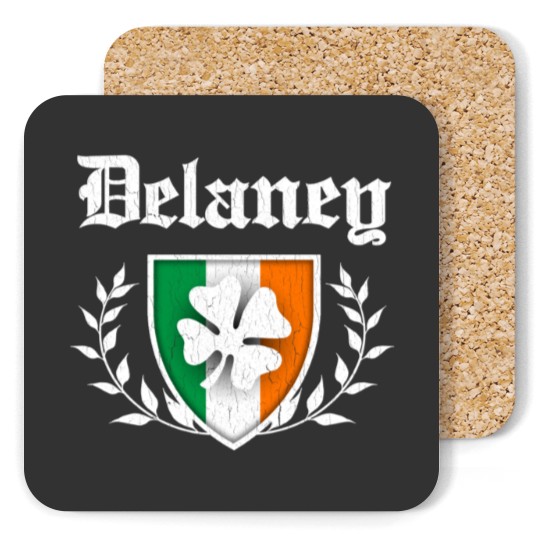 Discover Delaney Family Shamrock Crest (vintage distressed) Coasters