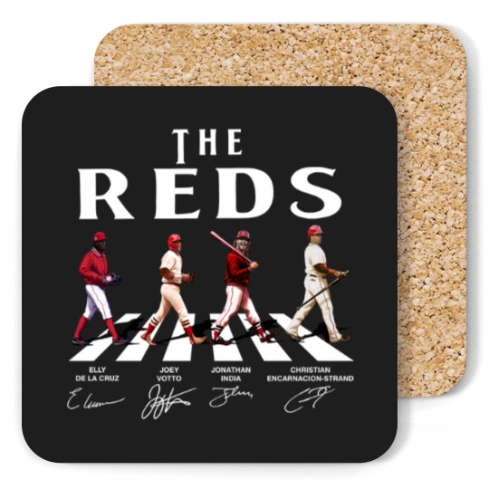 Discover Reds Walking Abbey Road Signatures Baseball Coasters, Elly De La Cruz, Votto, Jonathan India