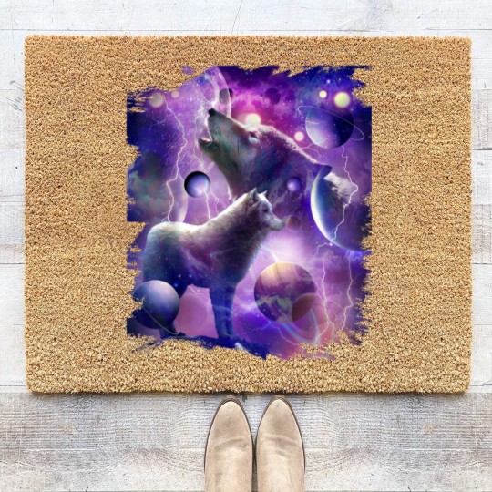 Discover Cosmic Wolf Howling At Moon In SpaceT Coir Doormats