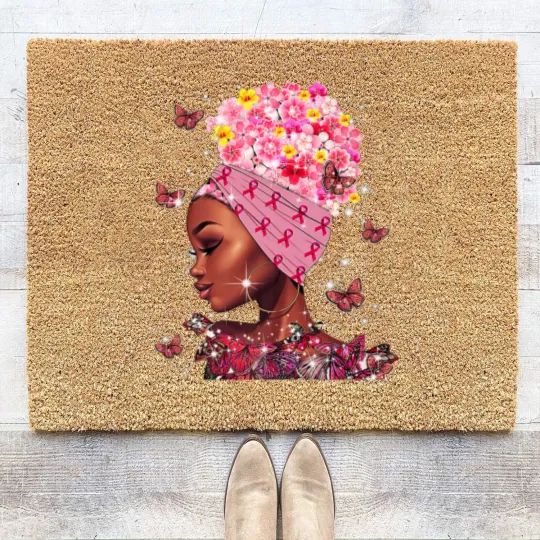 Discover In October We Wear Pink Black Woman Breast Cancer Awareness Coir Doormats