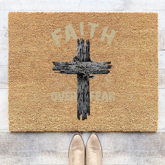 Discover Jesus Christ Cross Faith Over Fear Quote Saying Christian Coir Doormats