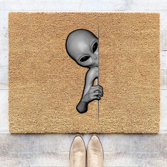 Discover Grey Alien Peeking - Zeta Reticuli Ufonaut - UFO Abduction Coir Doormats