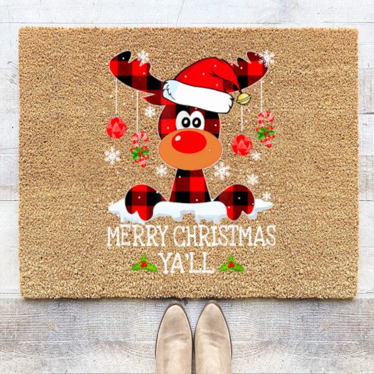 Discover Merry Christmas Ya'll Reindeer Santa Hat Buffalo Red Plaid Coir Doormats
