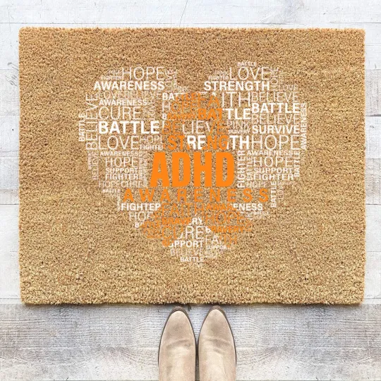Discover ADHD awareness words cloud heart support proud ADHD warrior Coir Doormats