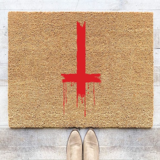 Discover Satan - upside down inverted satanic cross Coir Doormats