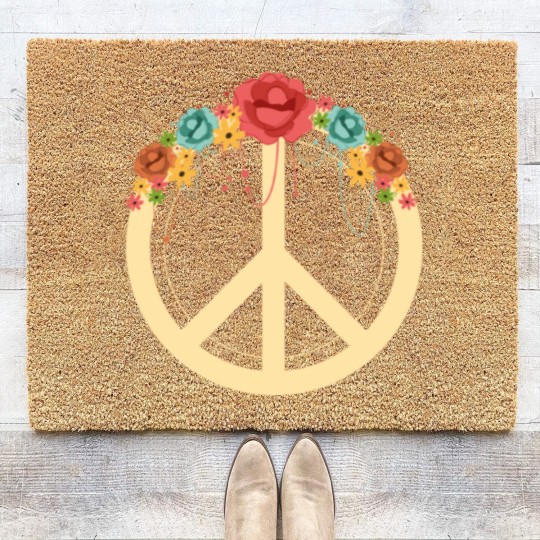 Discover Floral Peace Symbol Hippie Lover Peace Sign Coir Doormats