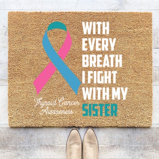 Discover Sister Thyroid Cancer Awareness Blue Pink Teal Rib Coir Doormats