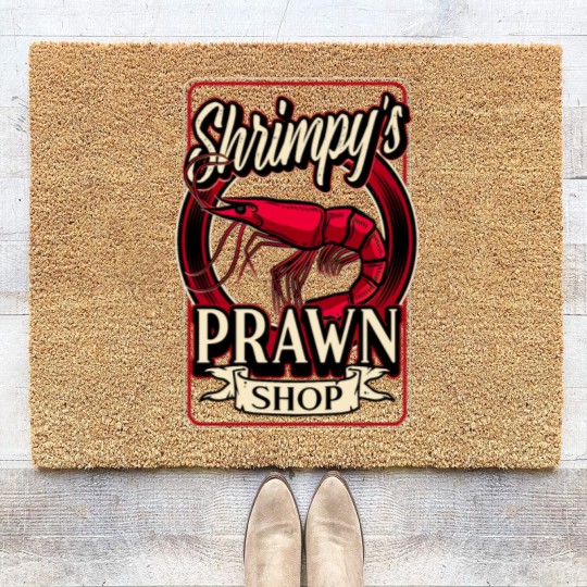Discover Shrimpy's Prawn Shop Logo. Pawn Shop Prawn Pun Coir Doormats
