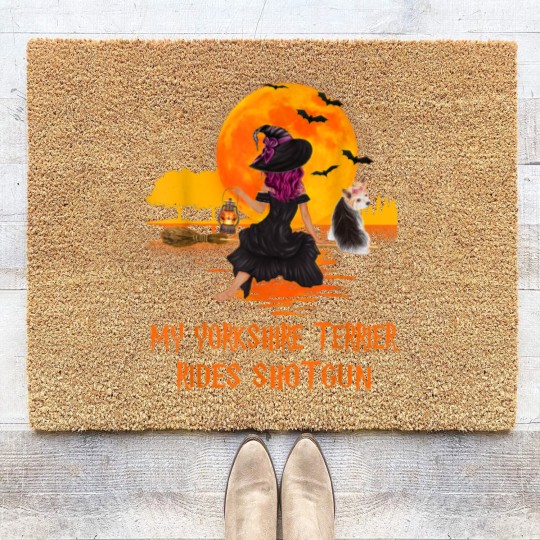Discover My Yorkshire Terrier Rides Shotgun Dog and Witch Halloween Coir Doormats