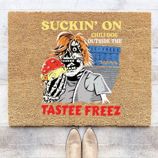 Discover Suckin’ on chili dog outside the tastee freez Coir Doormats