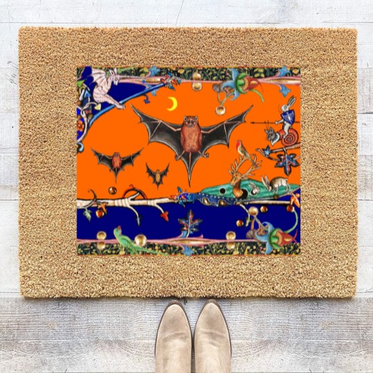 Discover WEIRD MEDIEVAL BESTIARY,FLYING BATS IN NIGHT BLUE Coir Doormats