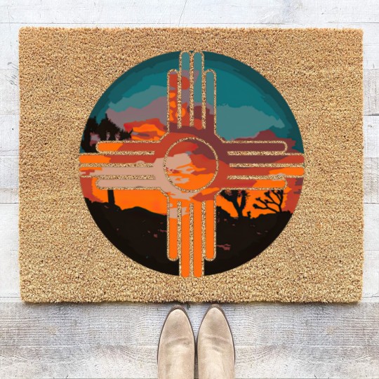 Discover New Mexico Zia Symbol And Landscape Art Coir Doormats Coir Doormats